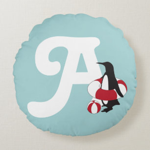Monogram Light Blue Cute Penguin Swimming Kids Round Pillow