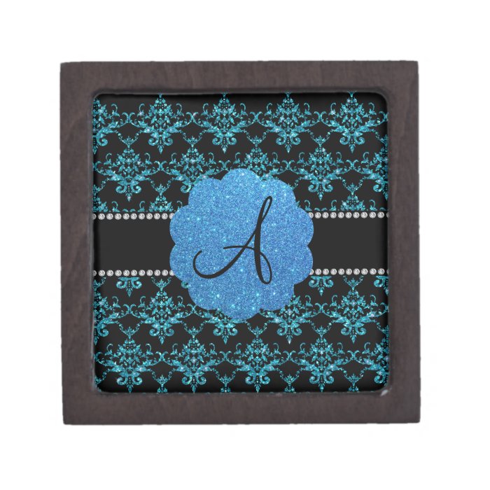 Monogram light blue glitter damask premium keepsake box