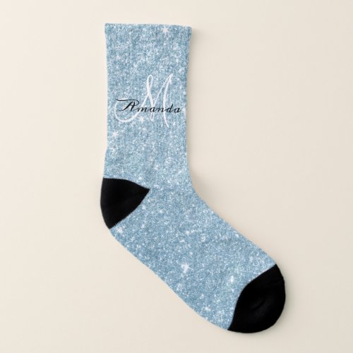 Monogram Light Blue Glitter Sparkle Personalized Socks