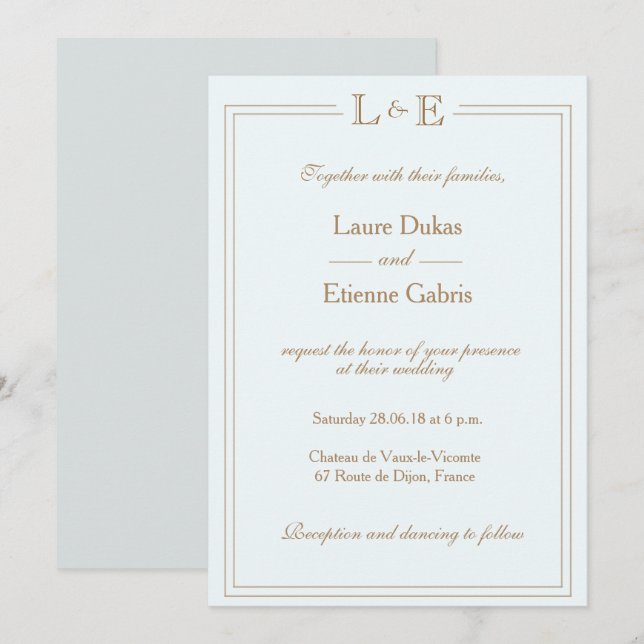 Monogram light blue gold gray modern chic wedding invitation (Front/Back)