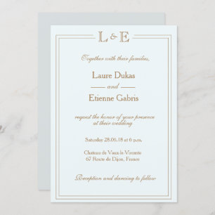 Monogram light blue gold gray modern chic wedding invitation