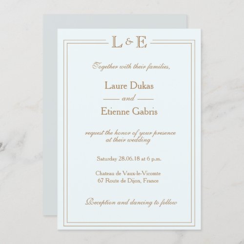 Monogram light blue gold gray modern chic wedding invitation