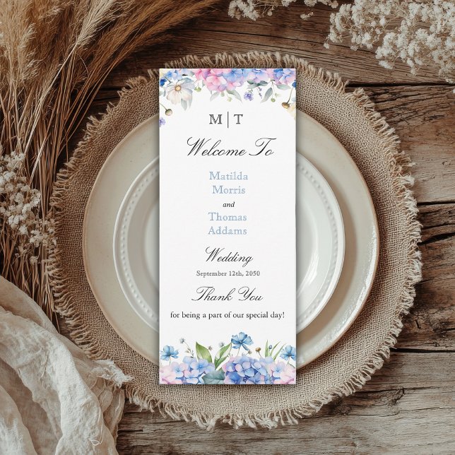 Monogram Light Blue Pink Hydrangea Wedding Program (Creator Uploaded)