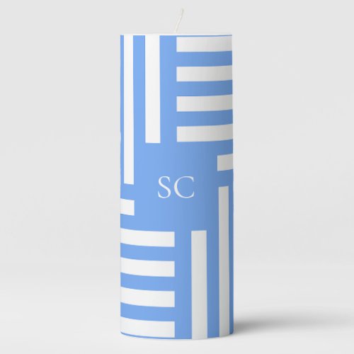 Monogram Light Blue Stripes Custom Birthday Gift Pillar Candle