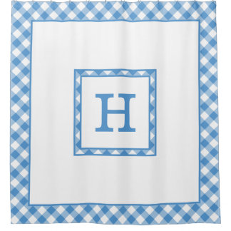 Monogram Light Blue White Buffalo Check Border Shower Curtain
