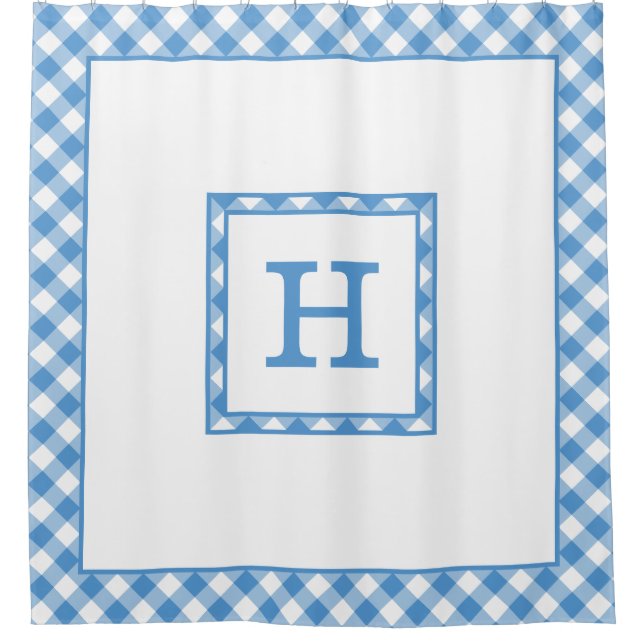 Monogram Light Blue White Buffalo Check Border Shower Curtain (Front)