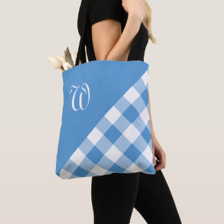 Monogram Light Blue White Buffalo Check Geometric Tote Bag