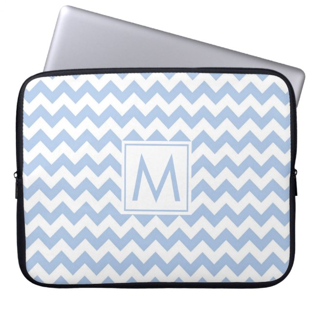 Monogram Light Blue White Chevron Stripe Pattern Laptop Sleeve (Front)