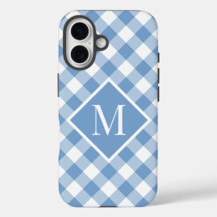 Monogram Light Blue White Gingham Check iPhone 16 Case