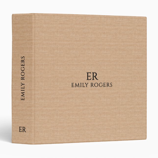 Monogram Light Brown Linen Black Typography 3 Ring Binder (Front/Spine)