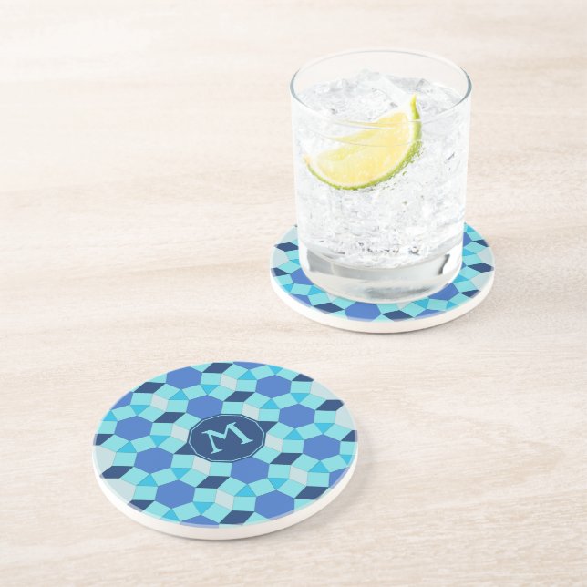 Monogram light dark blue pattern drink coaster (Side)
