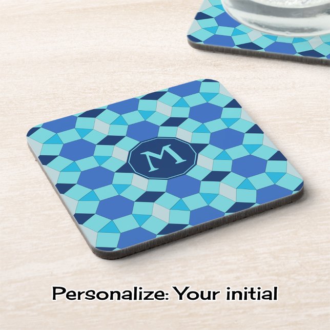 Monogram light dark blue tiles beverage coaster (Creator Uploaded)