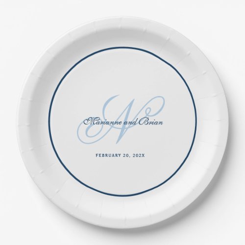 Monogram Light Dusk Blue and White Napkins Paper Plates