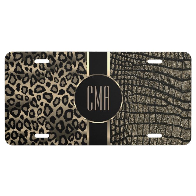 Monogram Light Gold Leopard and Leather License Plate (Front)