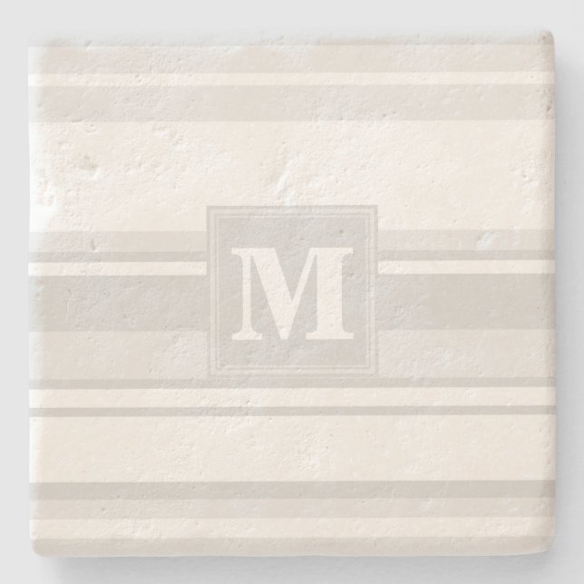 Monogram light grey stripes stone coaster (Front)