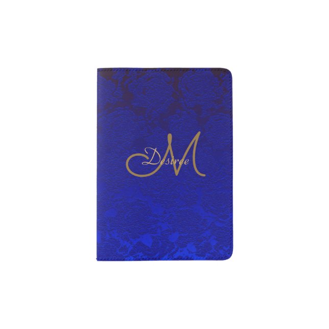 Monogram Light Navy Blue Gold Elegant Modern Girly Passport Holder (Front)
