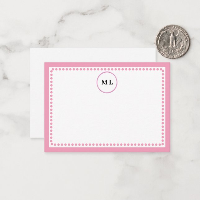 Monogram Light Pink Dotted Border Custom Initials Note Card (Front/Back In Situ)