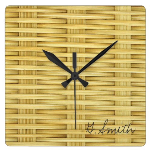 Monogram. Light Rustic Seagrass Basketweave Square Wall Clock