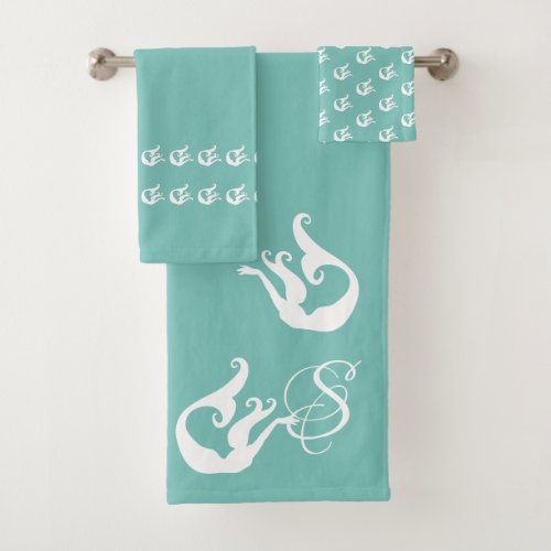 Monogram Light Teal White Chic Beach house Mermaid Bath Towel Set