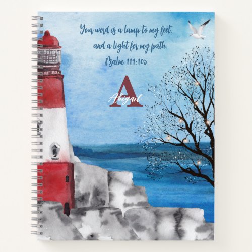 Monogram Lighthouse Watercolor Scene Scripture Notebook