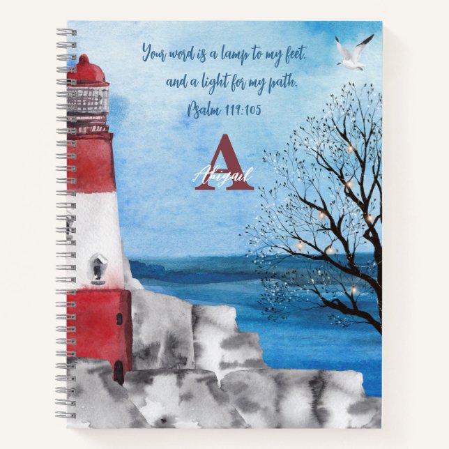 Monogram Lighthouse Watercolor Scene Scripture Notebook (Front)