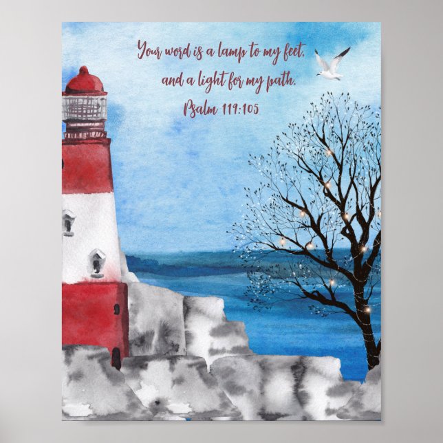 Monogram Lighthouse Watercolor Scene Scripture Poster (Front)