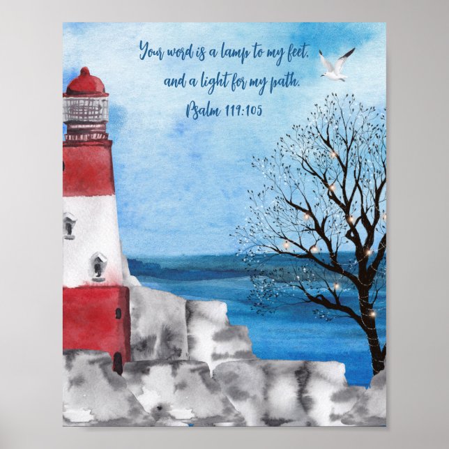 Monogram Lighthouse Watercolor Scene Scripture Poster (Front)