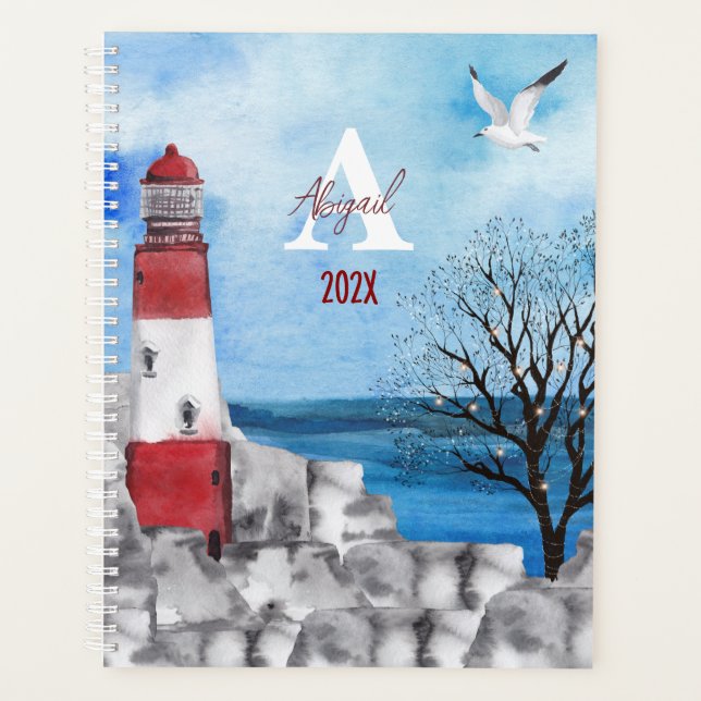 Monogram Lighthouse Watercolor Scene Undated Planner (Front)