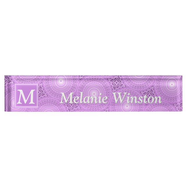 Monogram lilac purple circles pattern desk name plate (Front)
