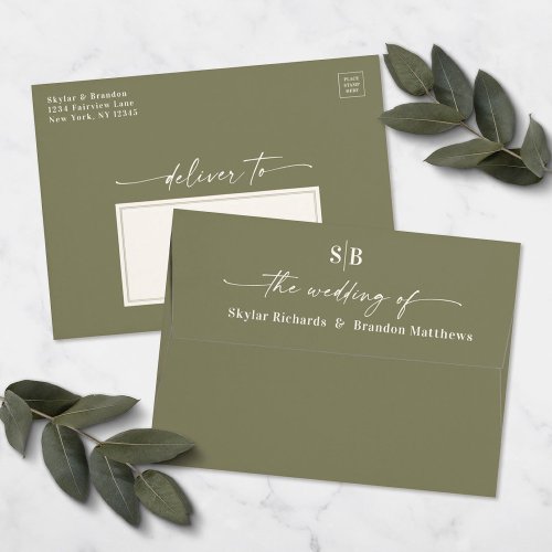 Monogram Lily Green A7 5x7 Wedding Invitation Envelope