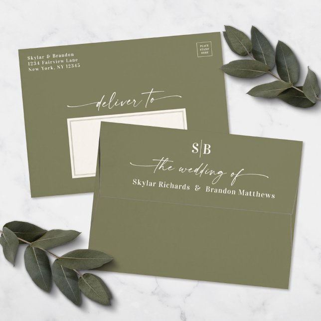 Monogram Lily Green A7 5x7 Wedding Invitation Envelope (Creator Uploaded)