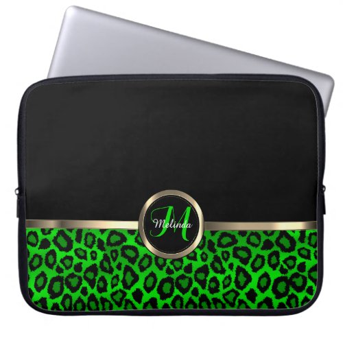 Monogram  Lime and Black Leopard with Gold Accent Laptop Sleeve