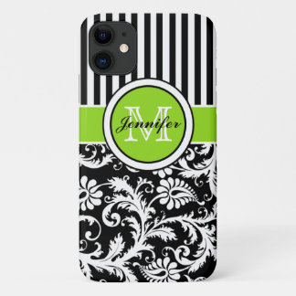 Monogram Lime Black White Striped Damask iPhone 11 Case