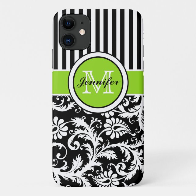Monogram Lime Black White Striped Damask iPhone 11 Case-Mate iPhone Case (Back)