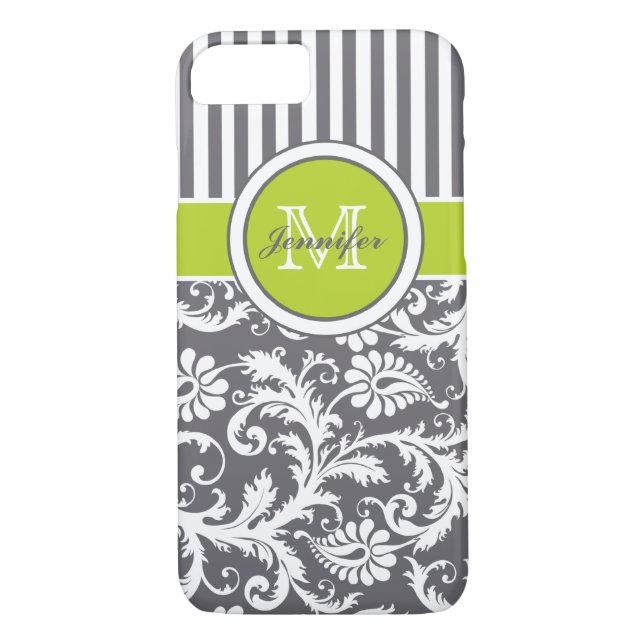 Monogram Lime Gray White Striped Damask Case-Mate iPhone Case (Back)