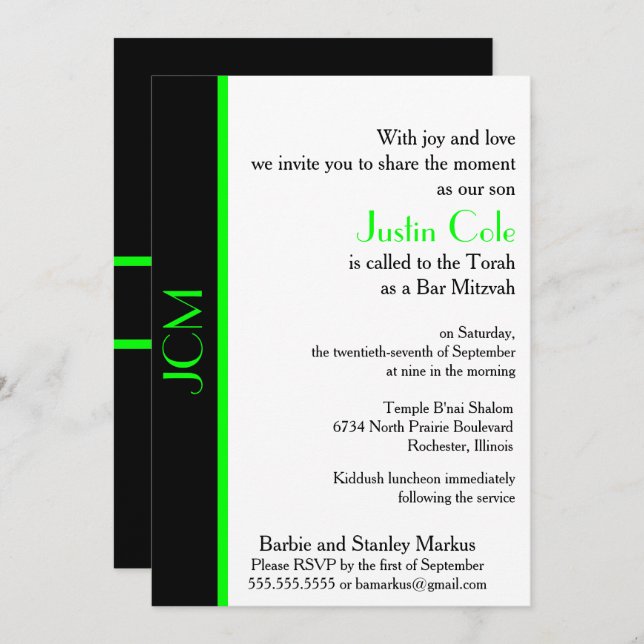 Monogram Lime Green Black Bar Mitzvah Invitation (Front/Back)