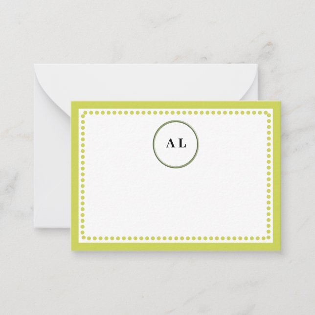 Monogram Lime Green Dotted Border Custom Initials Note Card (Front)