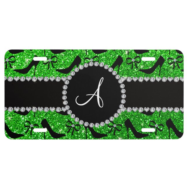 Monogram lime green glitter black high heels bow license plate (Front)