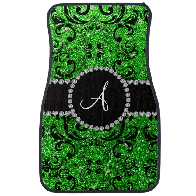 Monogram lime green glitter damask car floor mat (Front)