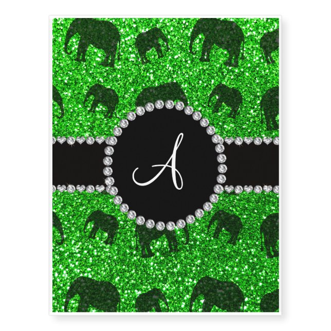 Monogram lime green glitter elephants temporary tattoos (Front)