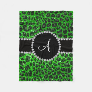 Monogram lime green glitter leopard fleece blanket