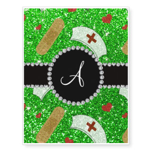 Monogram lime green glitter nurse hats heart temporary tattoos