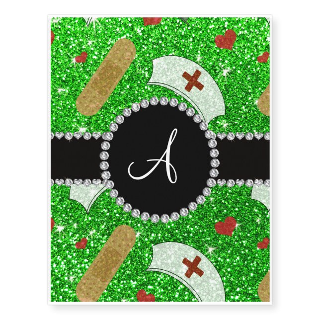 Monogram lime green glitter nurse hats heart temporary tattoos (Front)