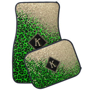 Monogram Lime Green Leopard with Gold Glitter Car Floor Mat