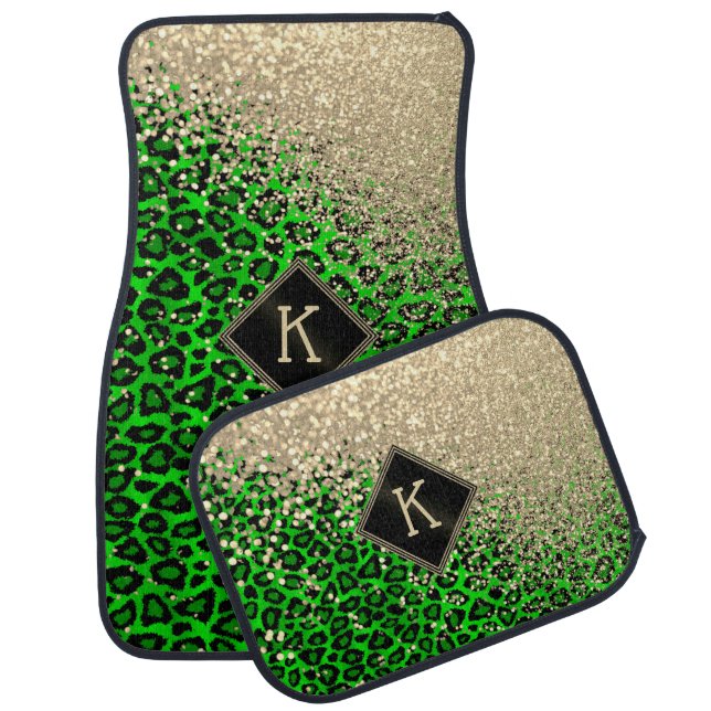Monogram Lime Green Leopard with Gold Glitter  Car Floor Mat (Set)
