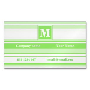Monogram lime green stripes business card magnet