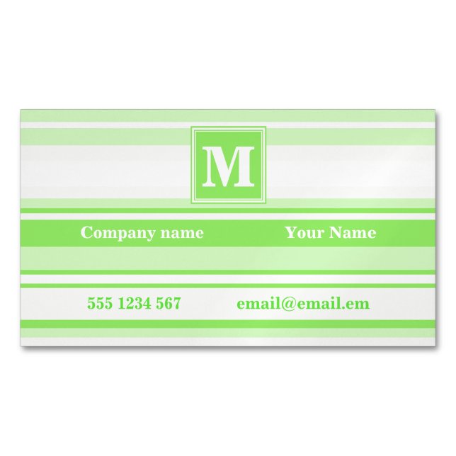 Monogram lime green stripes business card magnet (Front)
