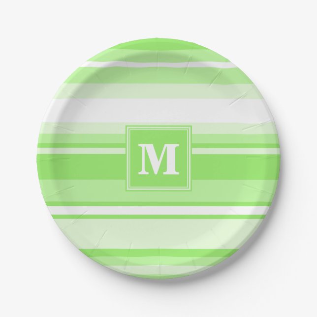 Monogram lime green stripes paper plates (Front)
