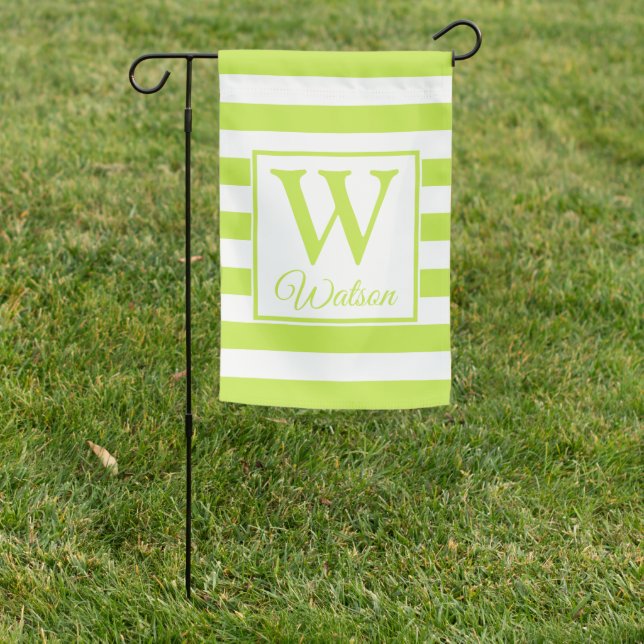 Monogram Lime Green Stripes Summer Family Garden Flag (In SItu)