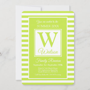 Monogram Lime Green Stripes Summer Family Reunion Invitation